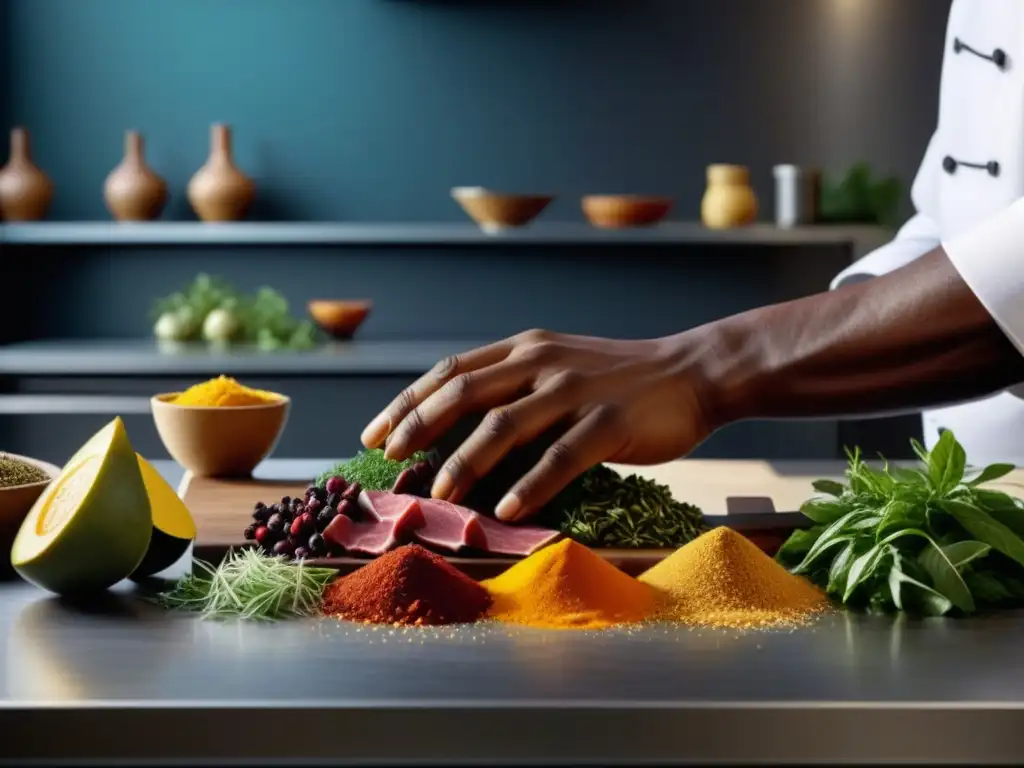 Fusión gastronómica entre África: Chef experto combina ingredientes coloridos en cocina moderna