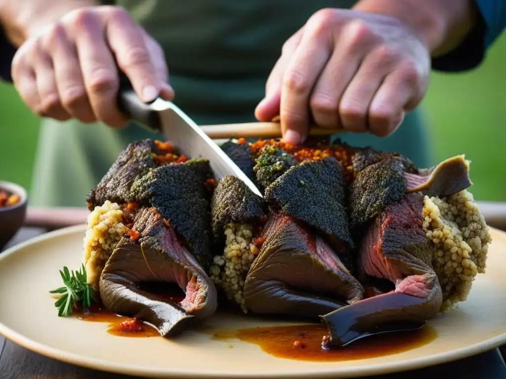 Un gaúcho sazona con maestría un cordero para un asado al palo en Patagonia, mostrando la tradición culinaria