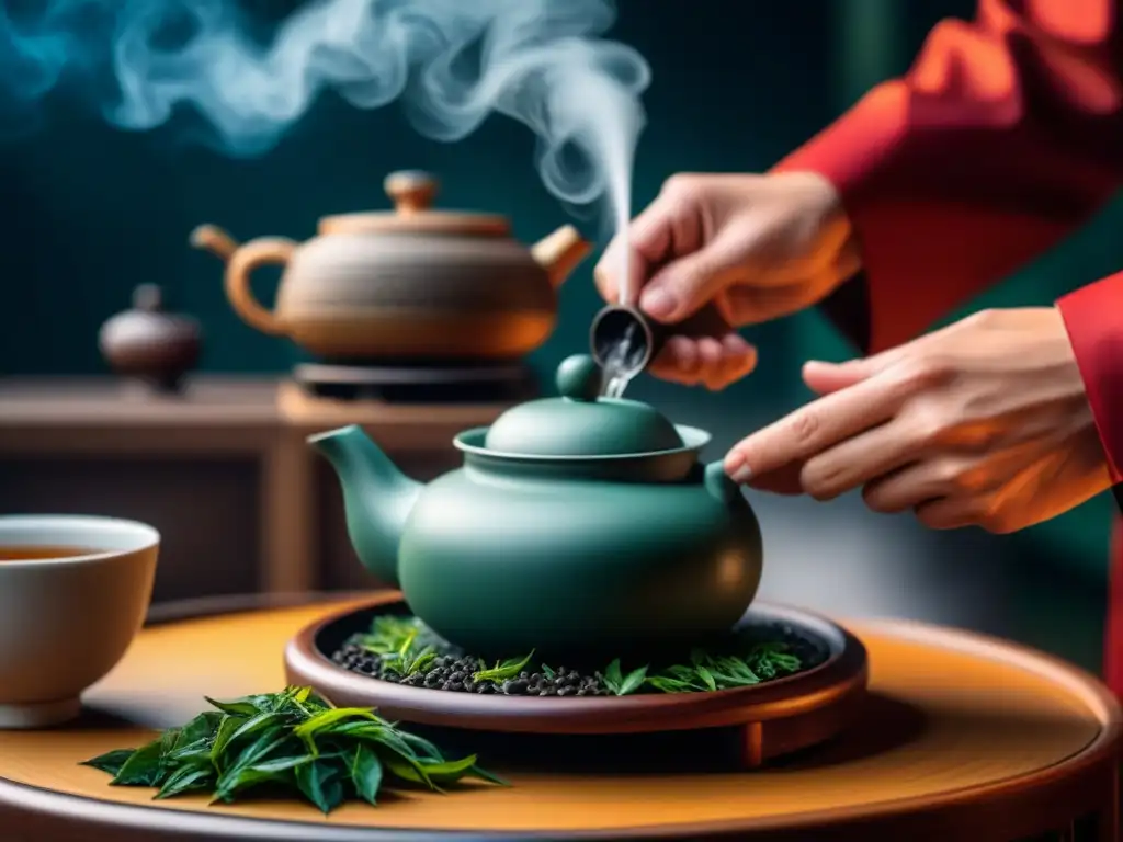 Expansión global del té: Detalles de una ceremonia china con hojas de té desplegándose en agua caliente, vapor y concentración en el ambiente