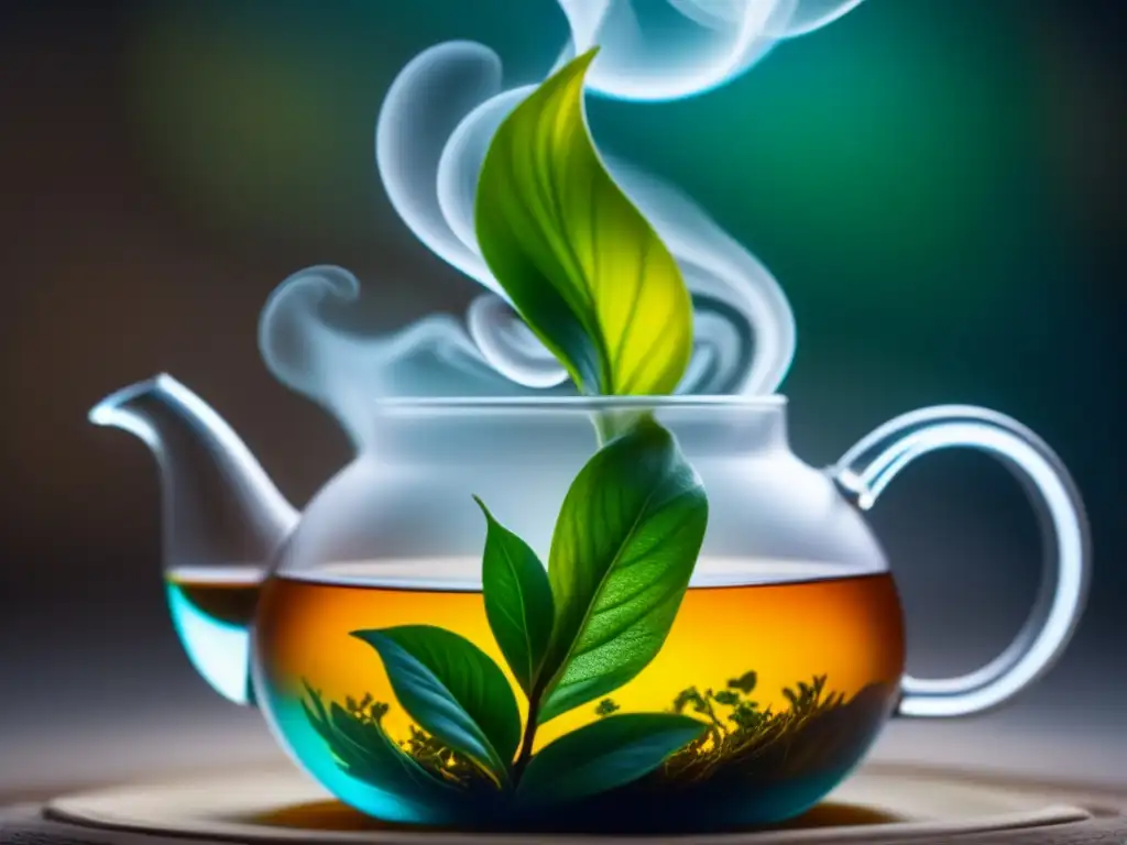 Expansión global del té: hoja delicada se despliega en agua caliente, en teapot de vidrio, colores vibrantes y efecto hipnótico del vapor