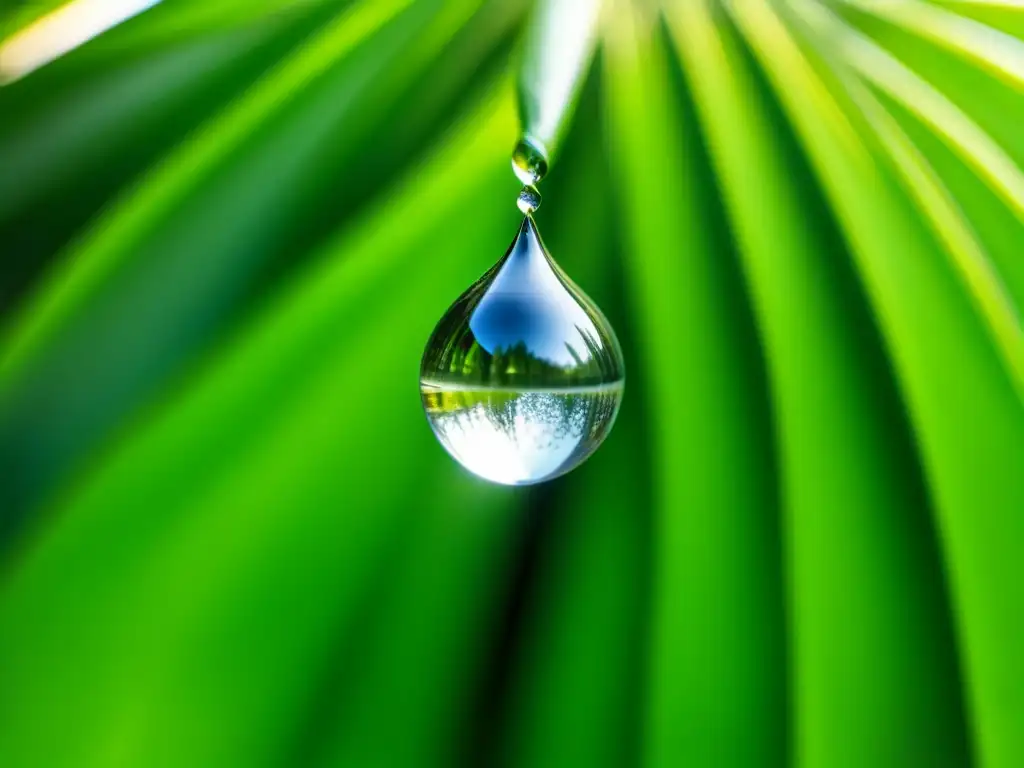 Gotas de agua de coco fresca y pura en hoja de palma, resaltando los beneficios agua coco hidratante natural