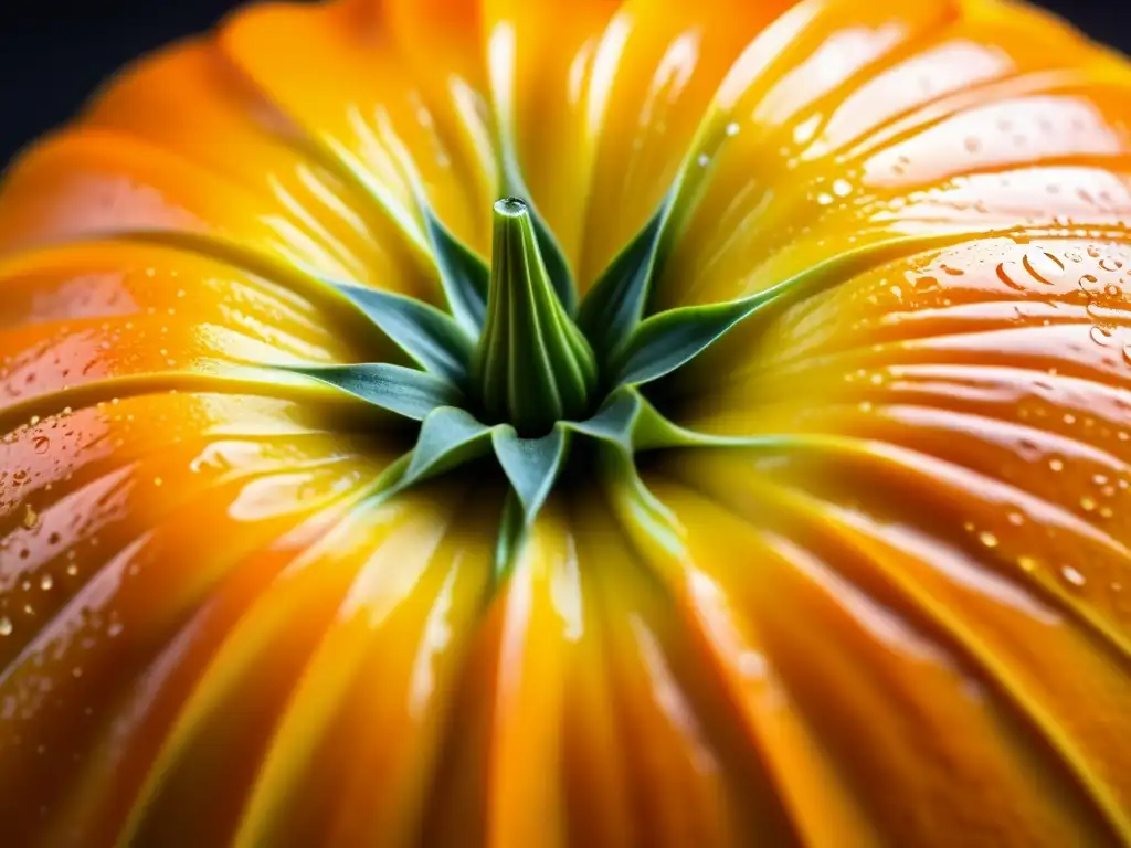 Calabaza naranja con gotas de agua, resaltando su frescura y abundancia