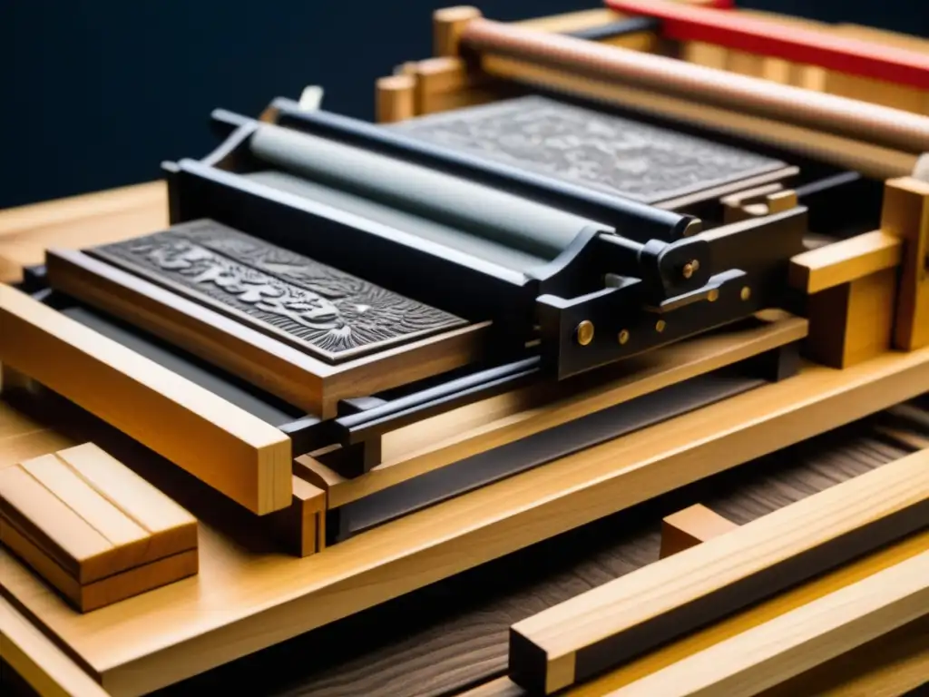 Antigua prensa de madera japonesa: impresiones culinarias del periodo Edo Grabado en madera de prensa antigua japonesa de la Era Edo, detalla recetas impresas