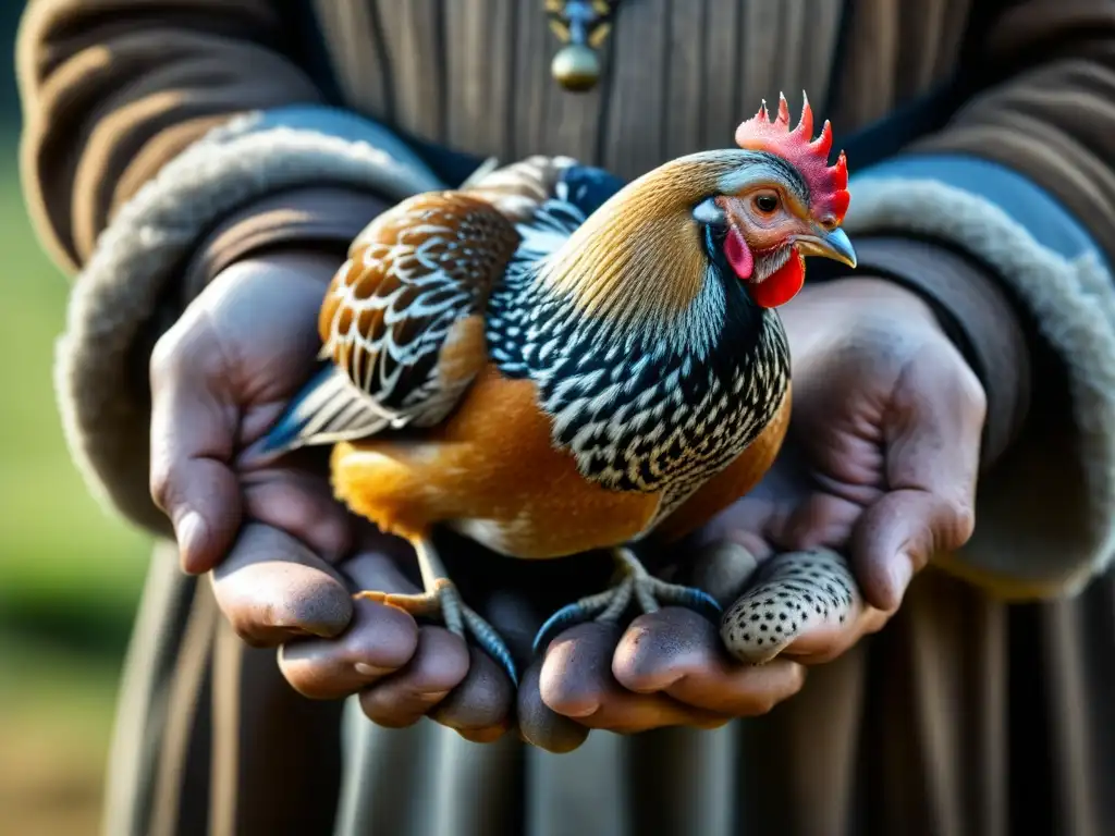 Un granjero medieval cuidadoso sostiene con ternura a una gallina, destacando la importancia de los animales de granja en la dieta medieval