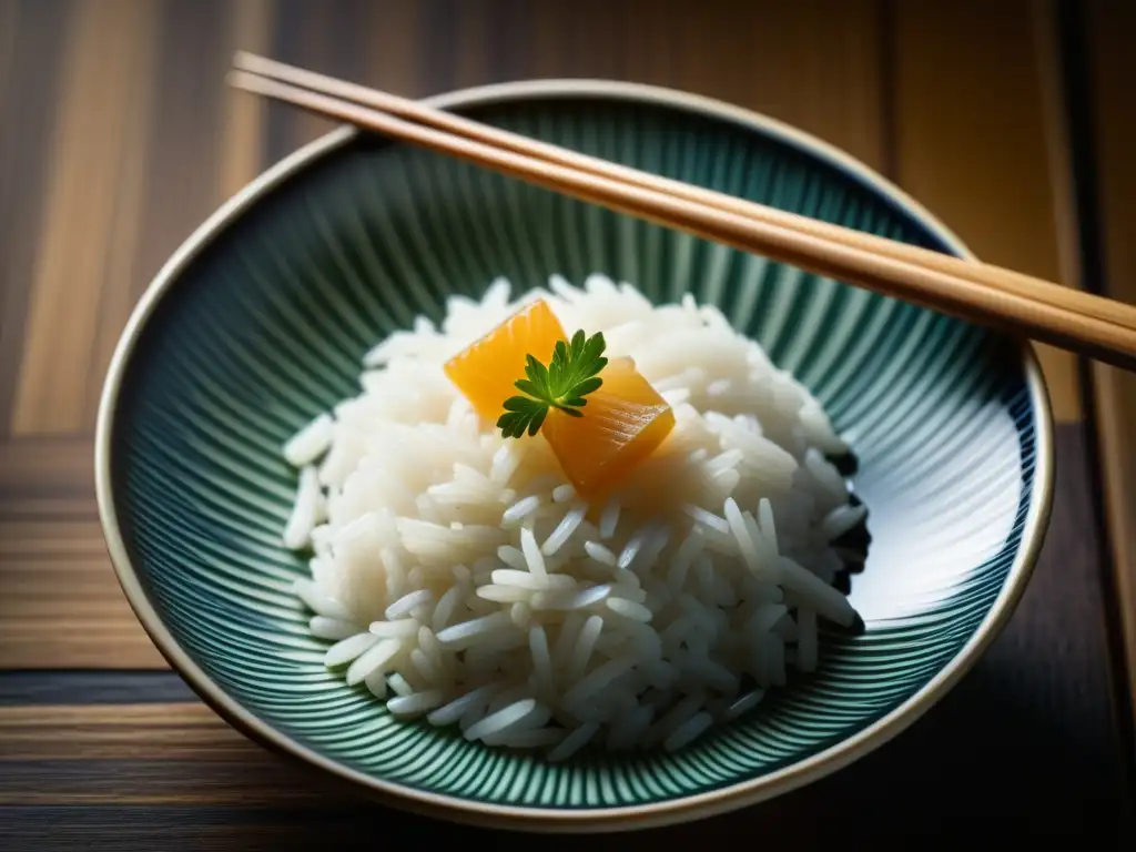 Un grano de arroz japonés perfectamente cocido, brillante y delicado en palillos de madera, reflejando la importancia cultural y la historia del arroz en Japón