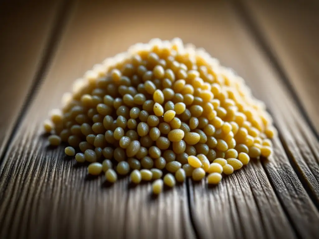 Un grano de quinoa en detalle sobre madera, iluminado por luz natural