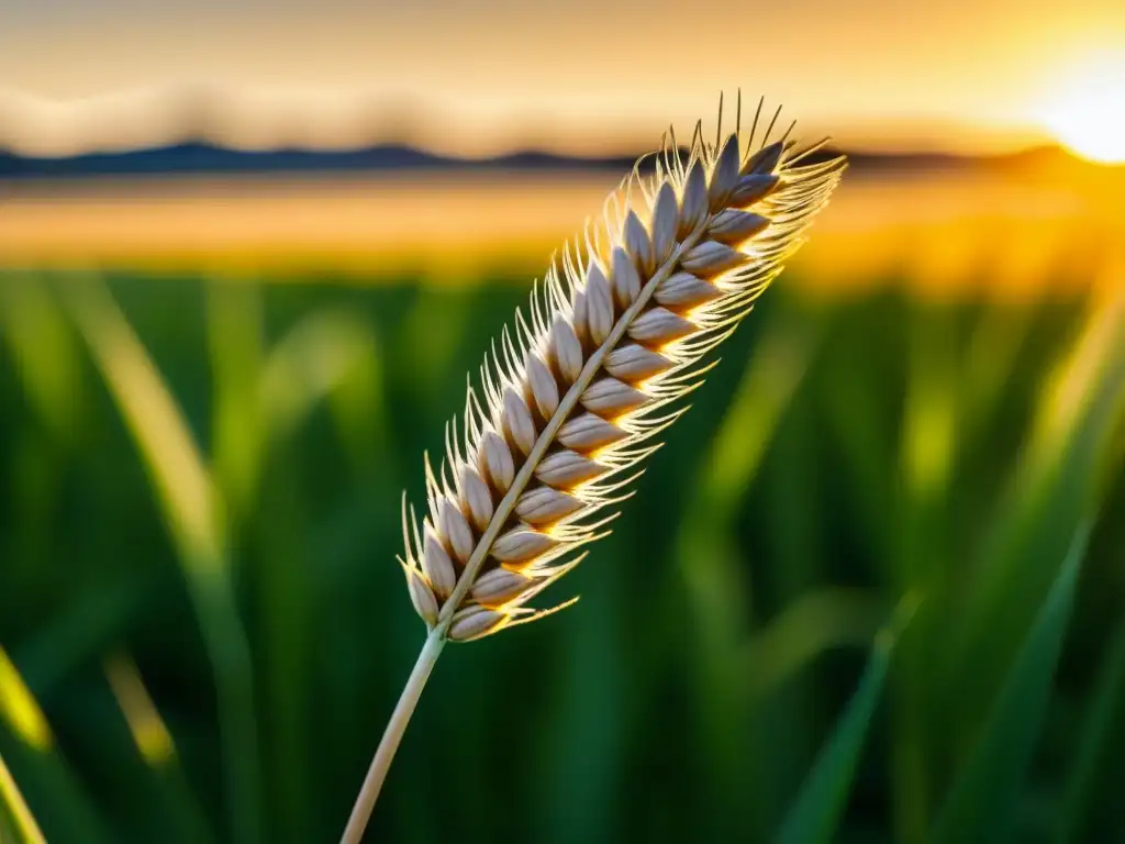 Un grano de trigo destaca en un campo bajo la luz dorada del atardecer, mostrando la transformación agricultura trigo historia