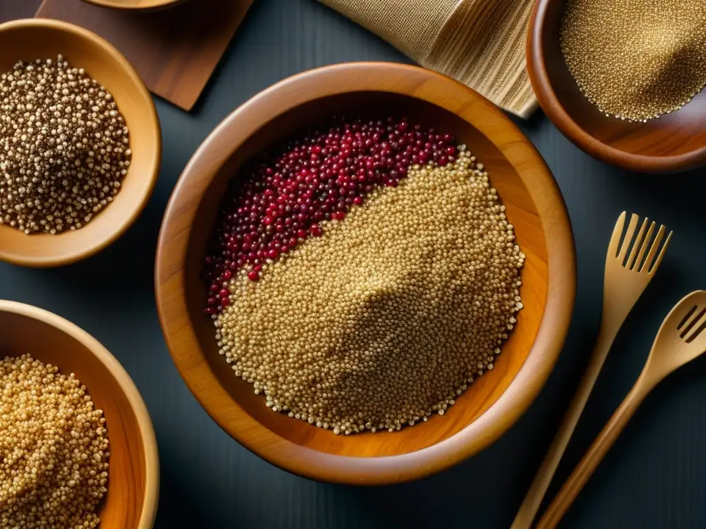 Granos antiguos como quinoa, amaranto y teff en un bol de madera rústico, evocando recetas históricas cultura épocas contexto