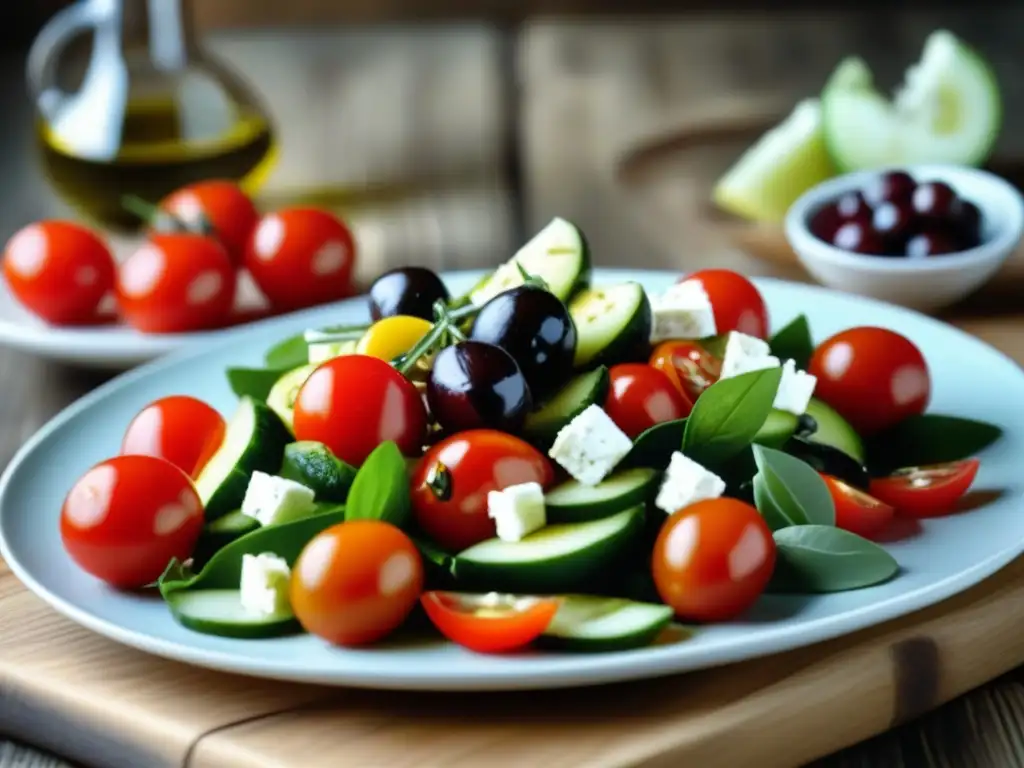 Transformación dieta griega cocina moderna: Detalle vibrante de una ensalada griega fresca y colorida en una mesa rústica