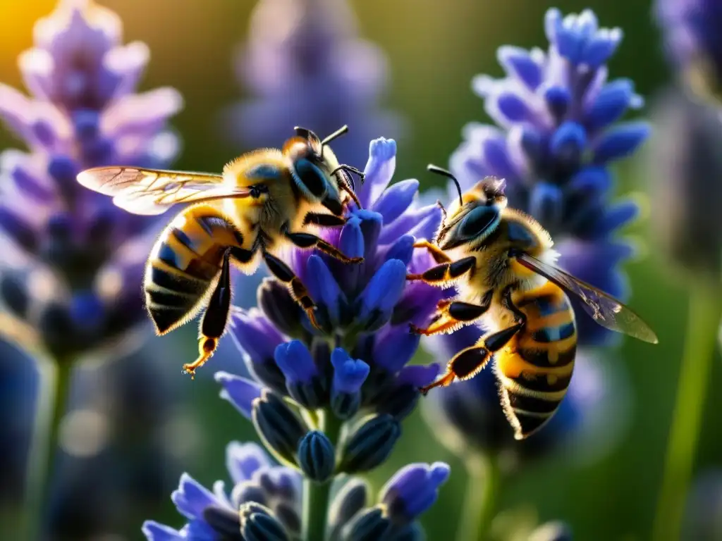 Un grupo de abejas rusas polinizando delicadamente flores de lavanda bajo el cálido sol