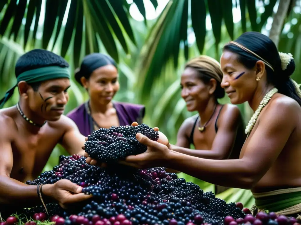 Grupo indígena amazónico recolectando bayas de açaí en la selva, mostrando historia, cultura y respeto por la naturaleza