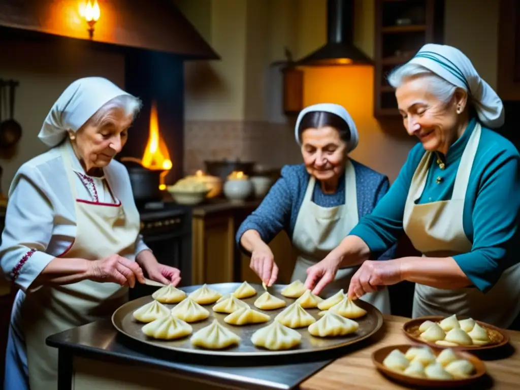 Un grupo de ancianas en trajes tradicionales del Este de Europa moldean pierogis en una cocina iluminada por una luz cálida