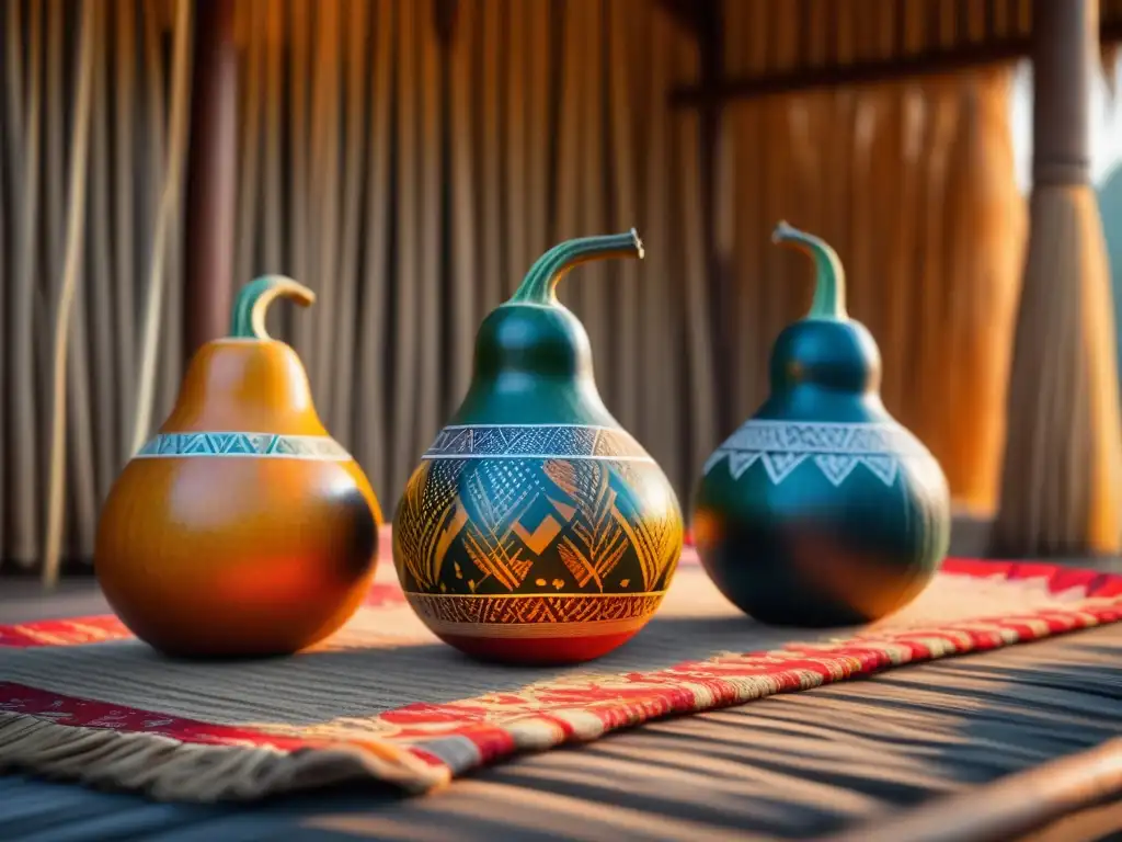 Un grupo de calabazas ceremoniales decoradas con detalle, en una cabaña africana