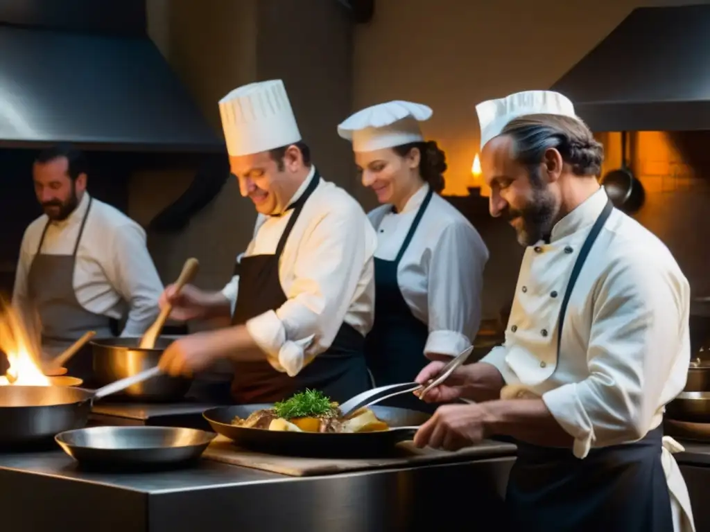 Un grupo de chefs franceses desafiantes preparando platos tradicionales en una cocina del siglo XIX bajo el dominio napoleónico