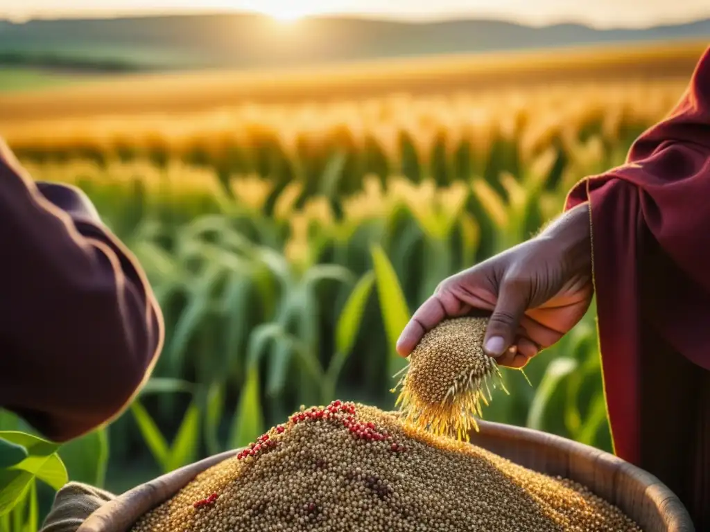 Grupo diverso de agricultores cosechando cereales antiguos a mano bajo el sol dorado, mostrando la importancia del cultivo de cereales y prácticas sostenibles en la conexión entre humanidad y naturaleza