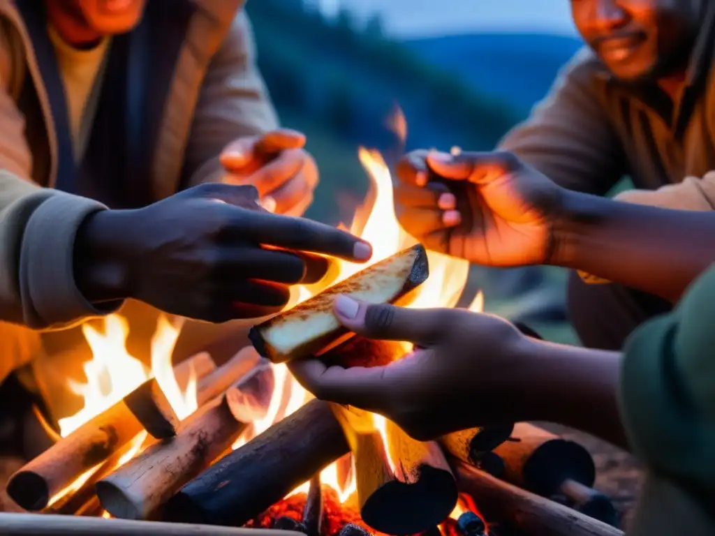 Grupo diverso comparte comida alrededor de fogata en campamento revolucionario