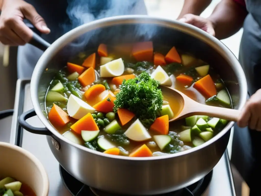 Un grupo diverso de manos trabajando juntas en una gran olla de sopa en cocinas comunitarias durante crisis