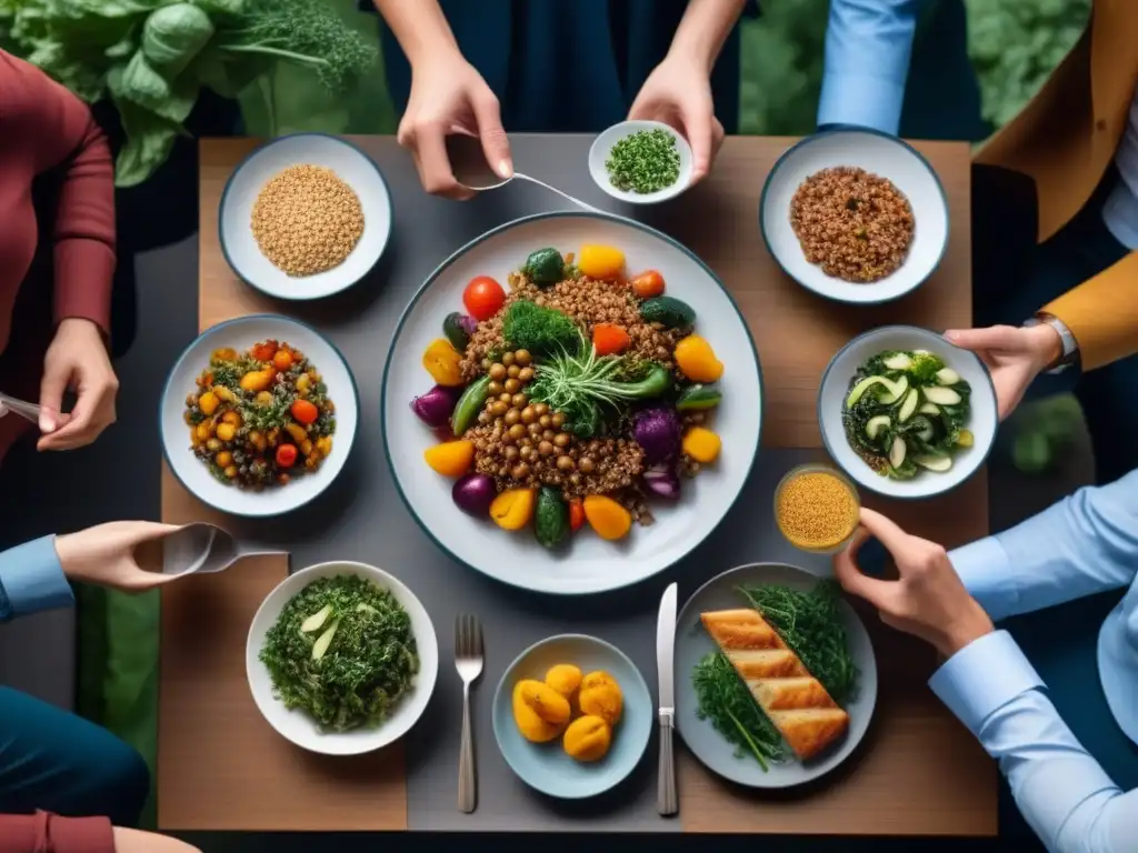 Un grupo diverso de personas adaptándose a la dieta, compartiendo comida y conversaciones en tiempos de escasez