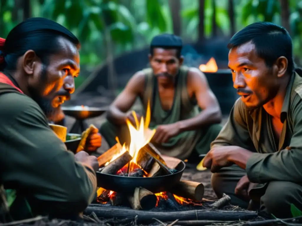 Grupo de guerrilleros compartiendo una comida alrededor de una fogata en la selva