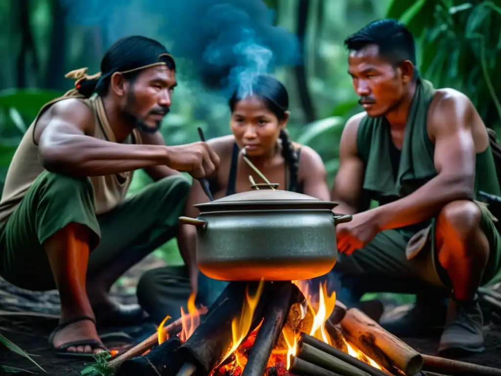 Un grupo de guerrilleros cocinando en la densa jungla, transmitiendo camaradería y determinación