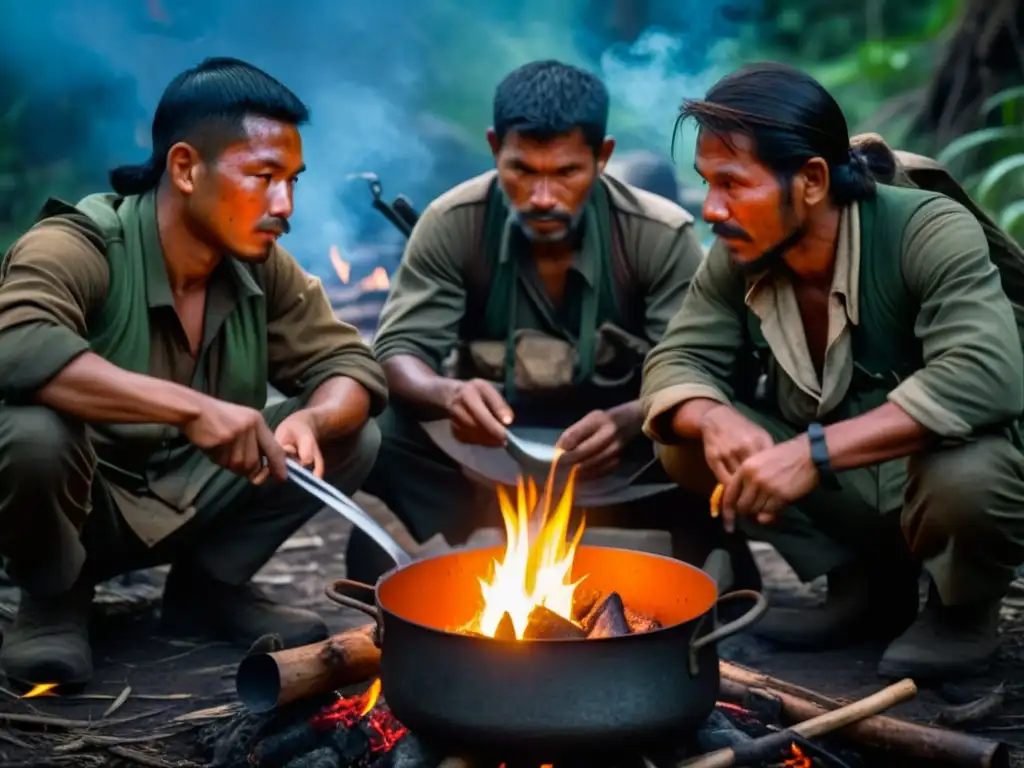 Un grupo de guerrilleros en la jungla cocinando en fogata