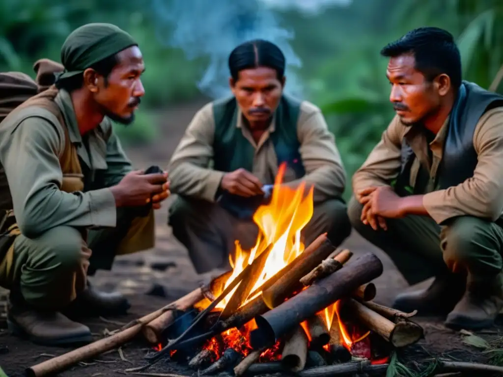 Grupo de guerrilleros en la jungla, cocinando y descansando alrededor de fogata