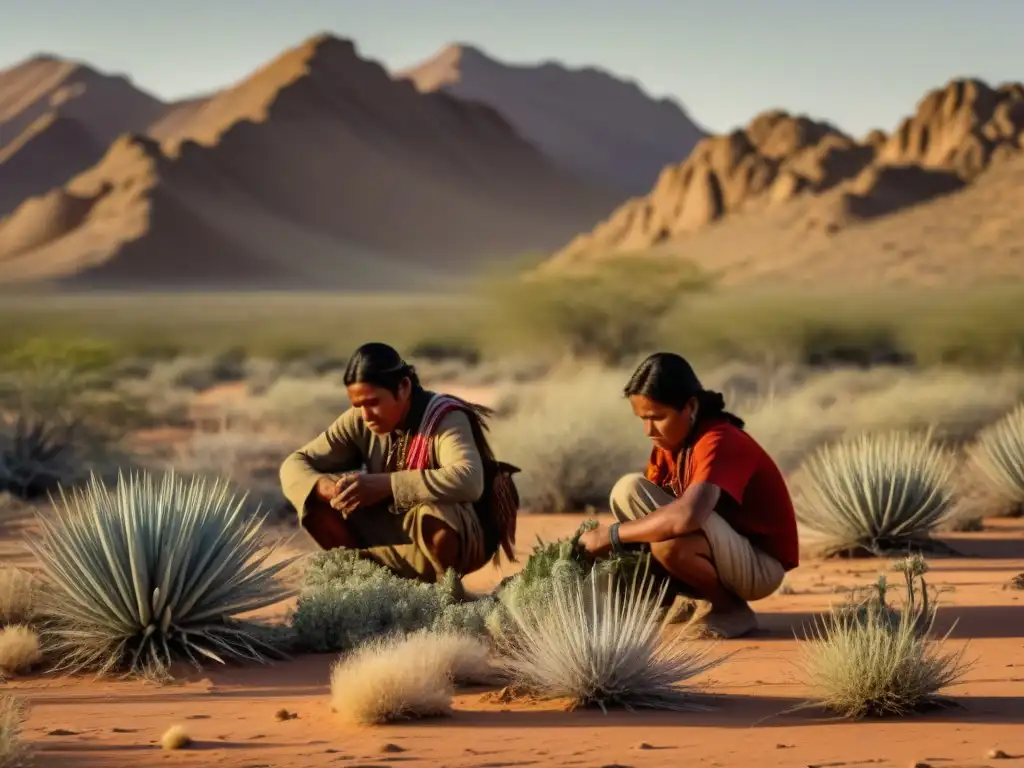 Grupo indígena adaptándose a la dieta de la conquista en el desierto, forrajeando plantas con concentración en sus rostros