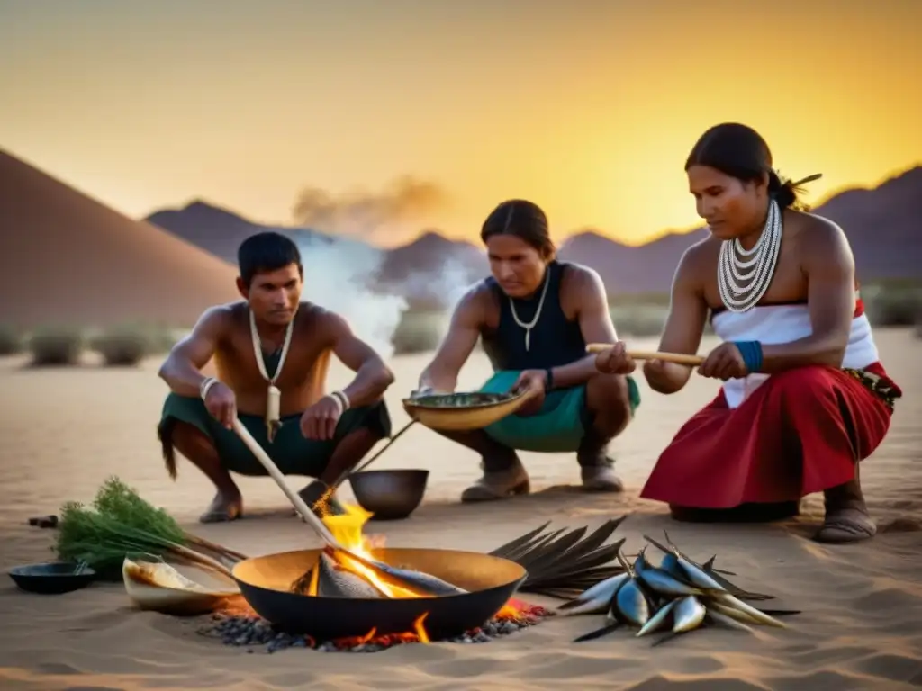 Un grupo indígena prepara pescado sobre fuego, destacando recetas históricas culturales de caza y pesca en el desierto