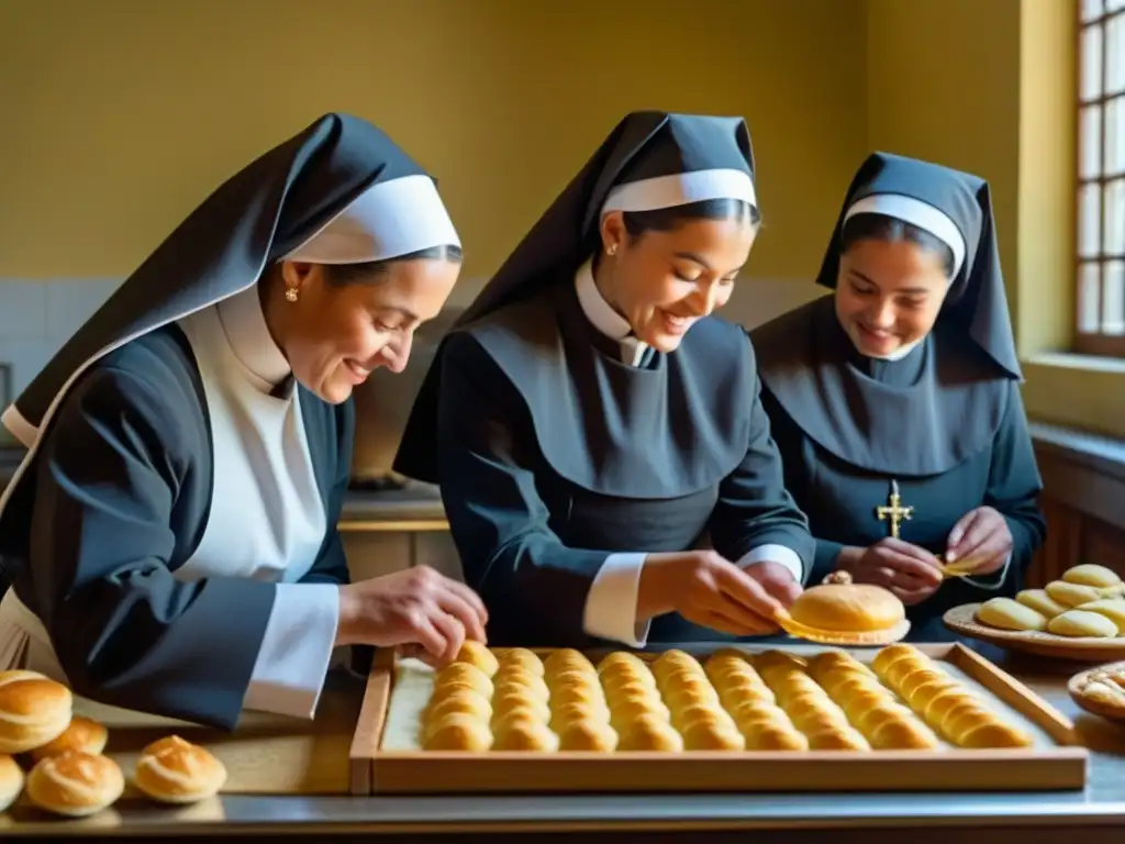 Un grupo de monjas en hábitos tradicionales elaborando pastelería en una cocina de convento iluminada por el sol