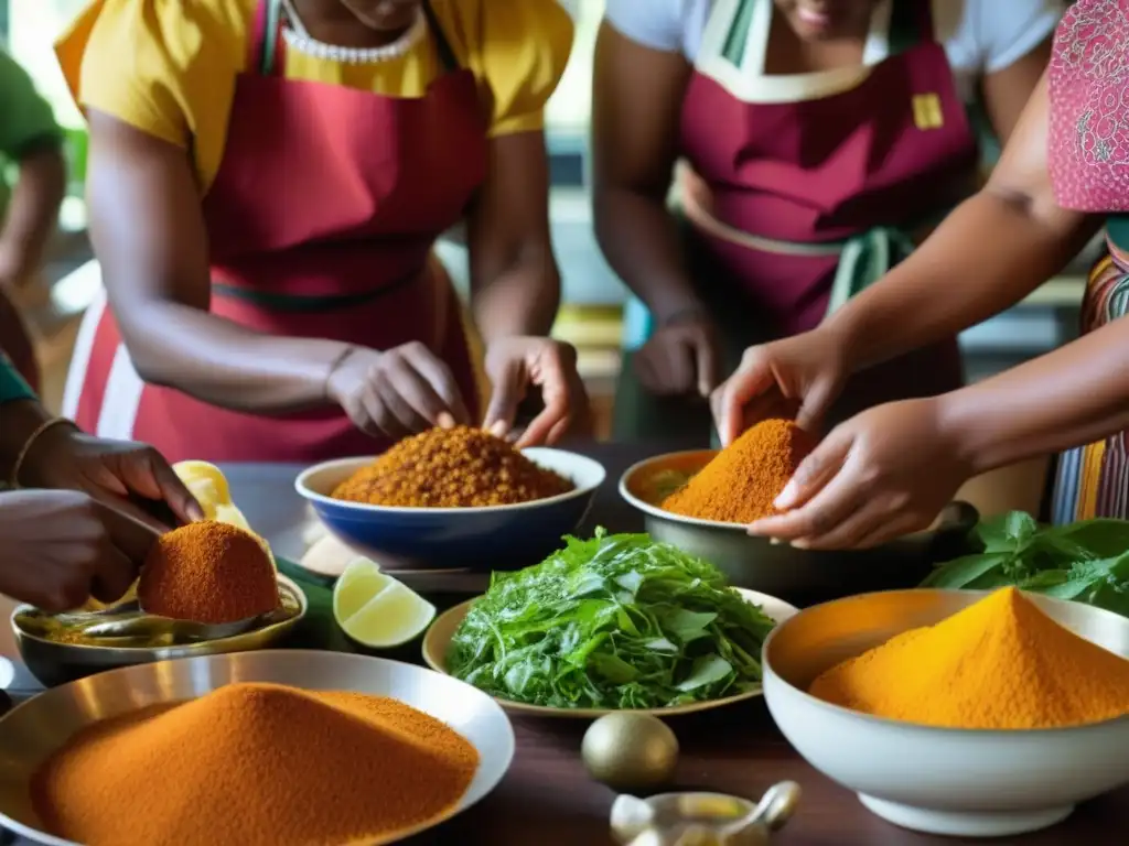 Un grupo de mujeres africanas en un bullicioso cocina colonial, preparando ingredientes coloridos con destreza