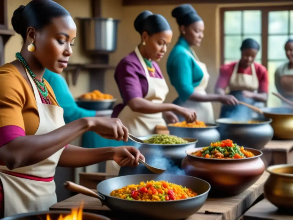 Un grupo de mujeres africanas preparando coloridos platos tradicionales en una cocina colonial