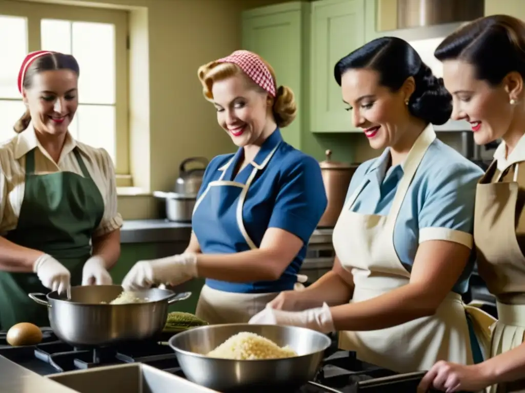 Un grupo de mujeres en una cocina de guerra preparando platos innovadores juntas, mostrando prácticas alimenticias durante conflictos