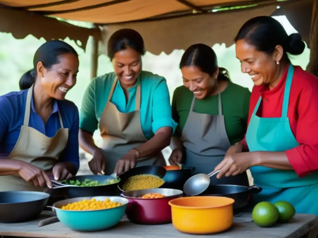 Un grupo de mujeres en una cocina improvisada, mostrando innovación culinaria en tiempos de conflicto