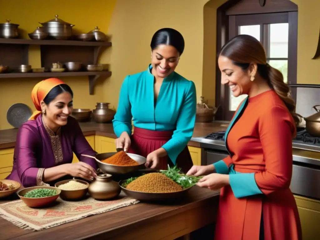 Un grupo de mujeres diversas colaboran en la conservación de recetas otomanas en una cocina cálida y acogedora llena de colores y texturas