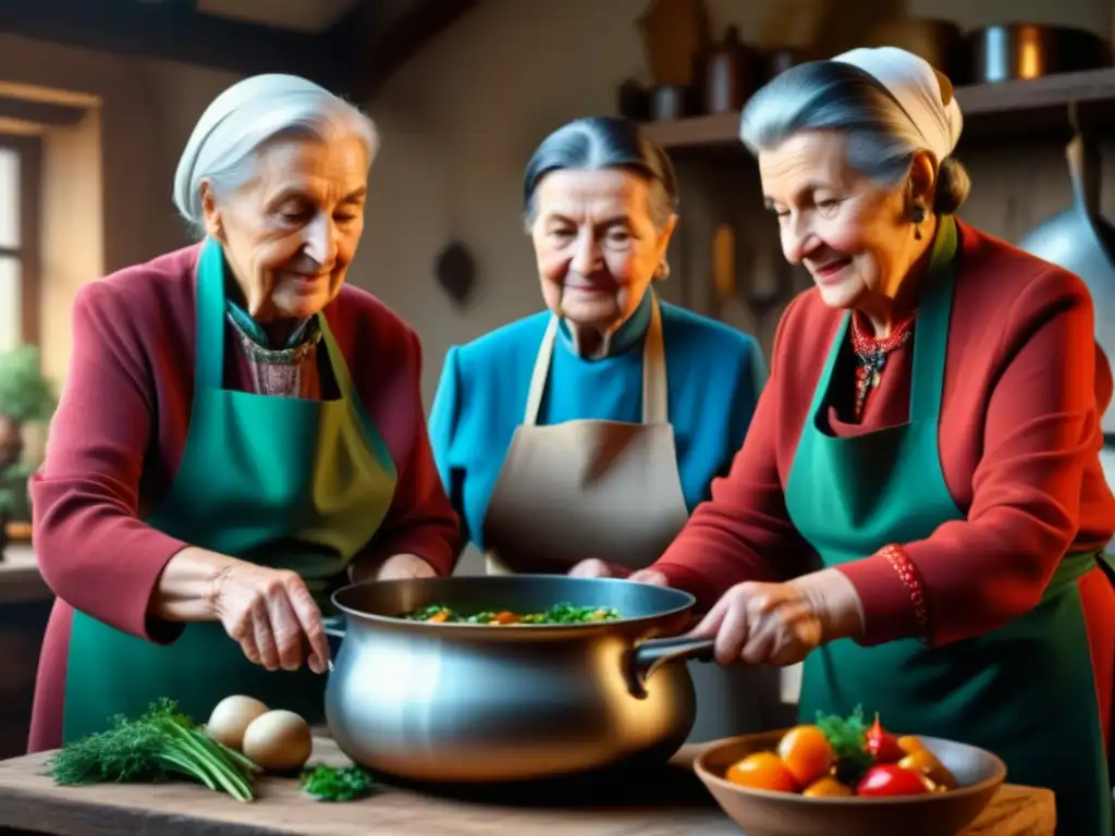 Un grupo de mujeres mayores preparando borscht en una cocina rústica del Este, transmitiendo sabiduría culinaria