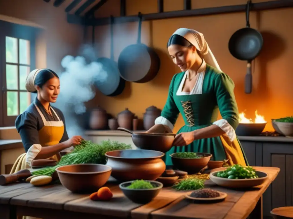 Un grupo de mujeres en trajes coloniales preparando alimentos en una cocina tradicional, representando la tradición culinaria