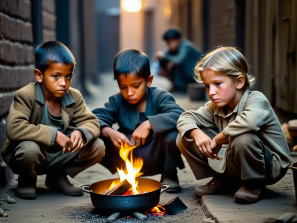Grupo de niños pobres cocinando en un callejón sucio durante la Revolución Industrial, reflejando la dura realidad de las dietas europeas
