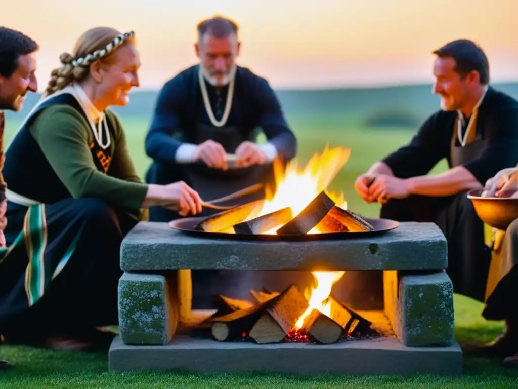 Un grupo de personas en atuendos celtas tradicionales cocinando en un horno de piedra durante el festival de solsticio en Stonehenge