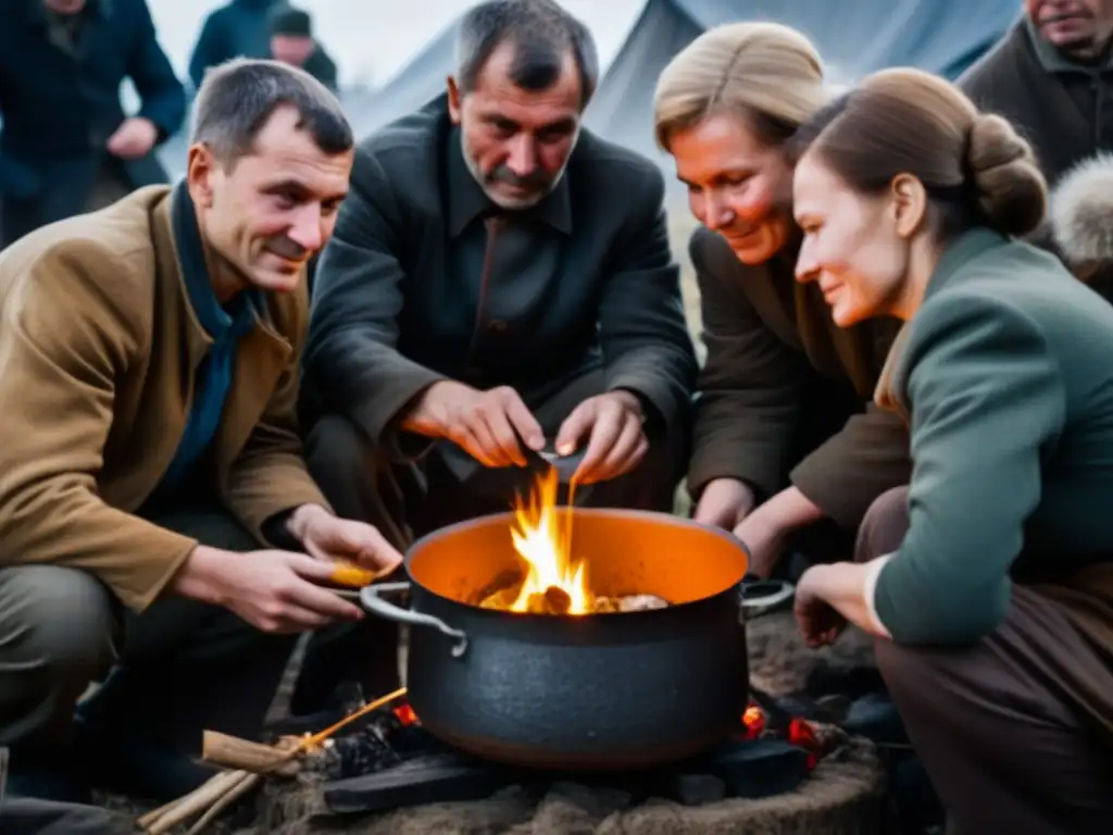 Grupo de personas cocinando en olla improvisada durante sitio de Leningrado, resaltando su innovación culinaria