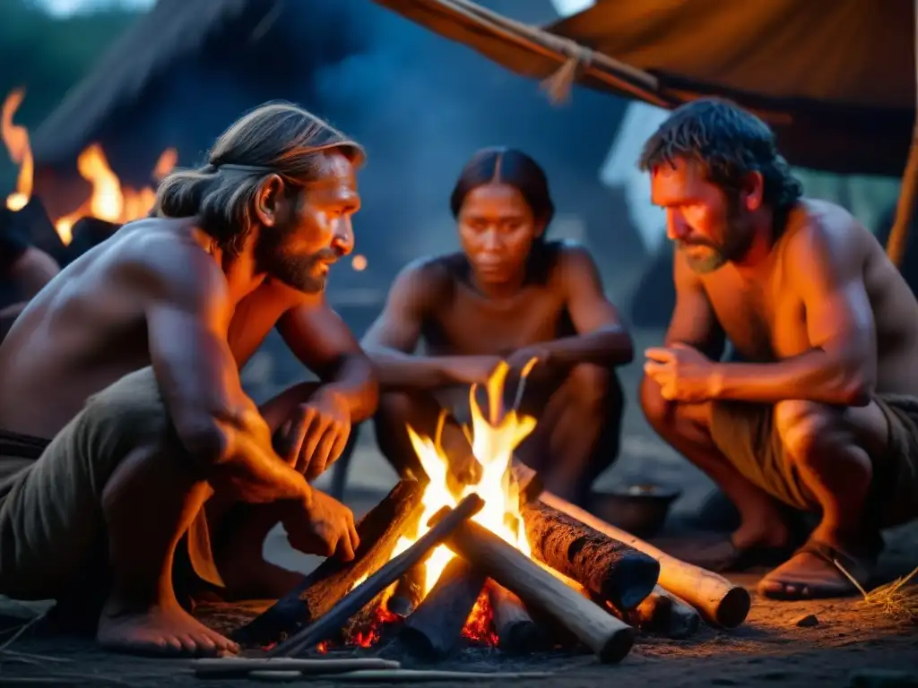 Grupo prehistórico cocina alrededor del fuego con técnicas de cocción prehistóricas relevantes