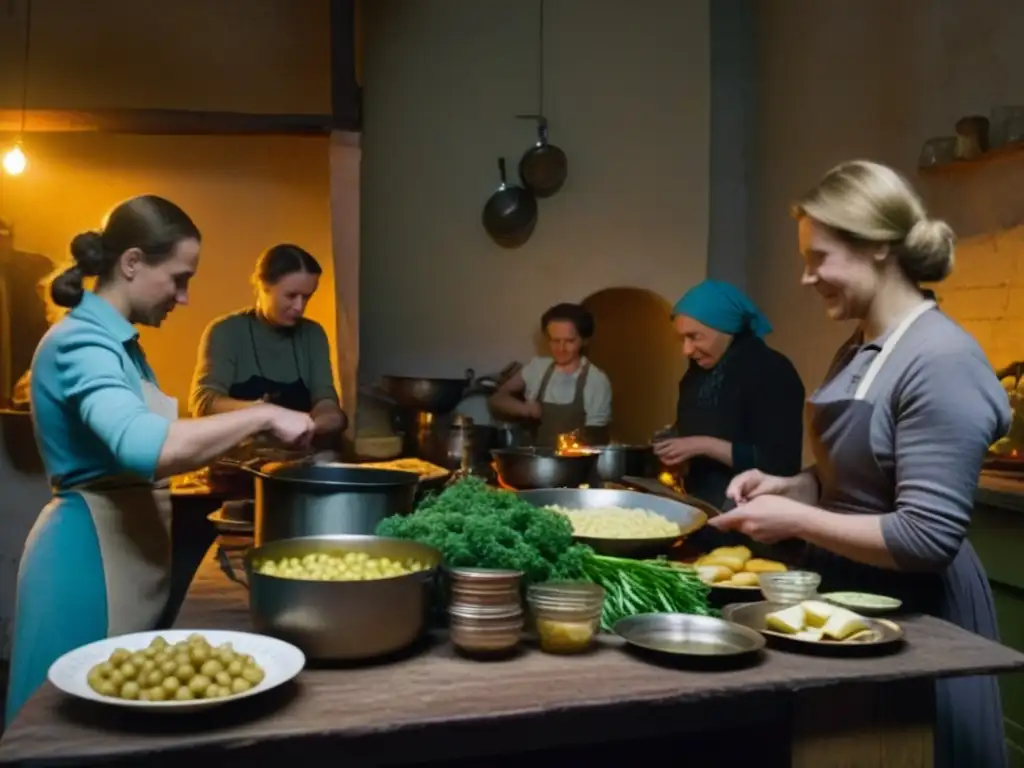 Grupo en Leningrado durante el sitio, demostrando innovación culinaria en cocina improvisada