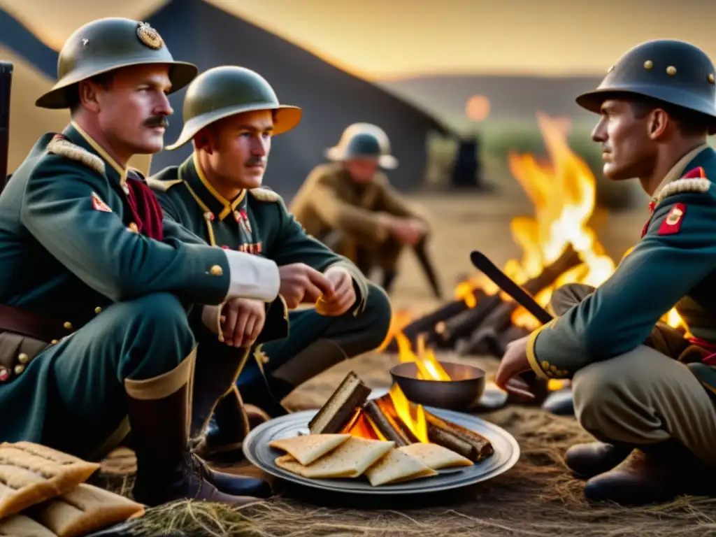 Un grupo de soldados en uniformes históricos alrededor de una fogata, compartiendo alimentos que cambiaron batallas históricas