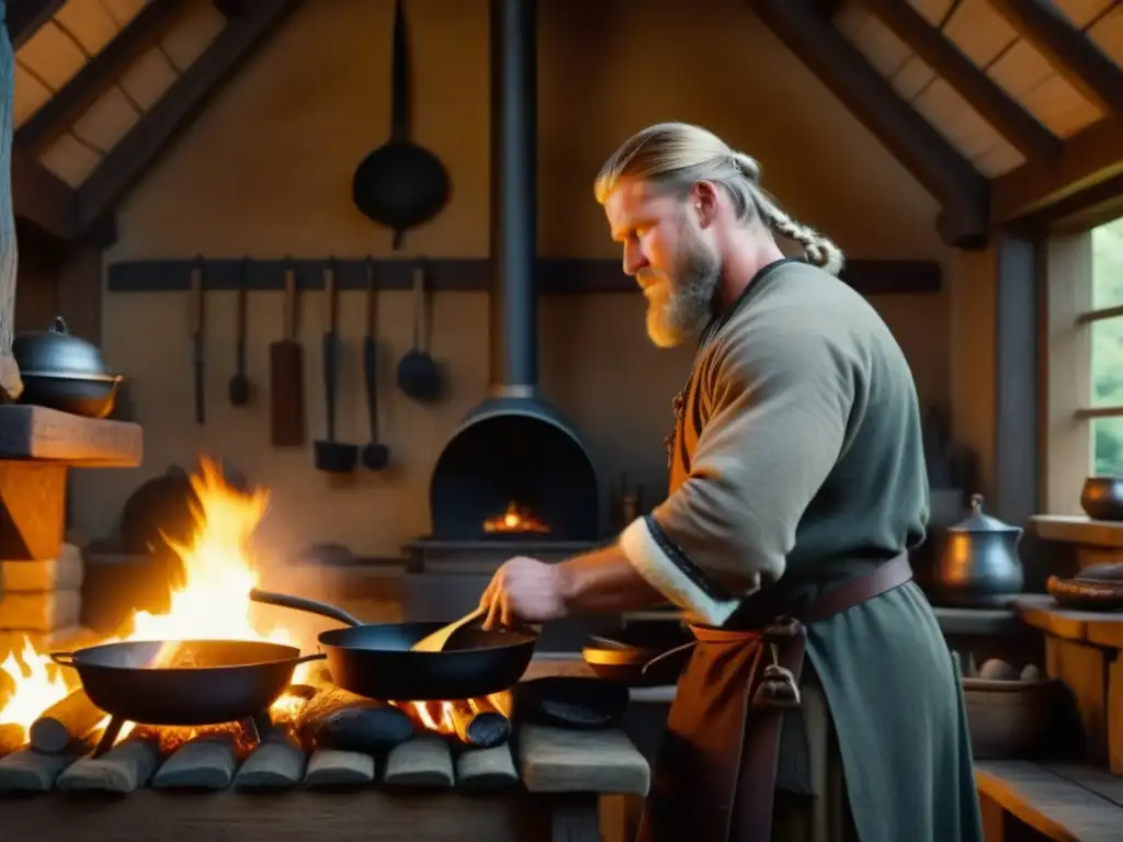 Un guerrero vikingo cocina una receta histórica en una cocina rústica, mostrando la cultura vikinga