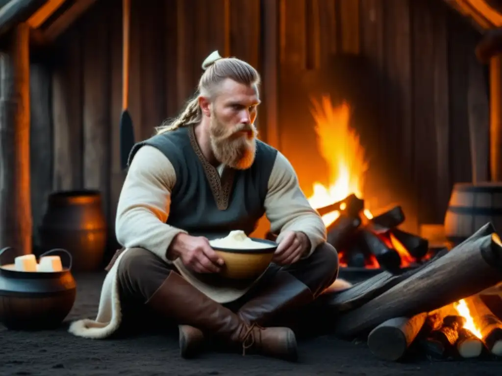 Un guerrero vikingo reflexiona junto al fuego, disfrutando de skyr: Beneficios lácteos en dieta vikinga