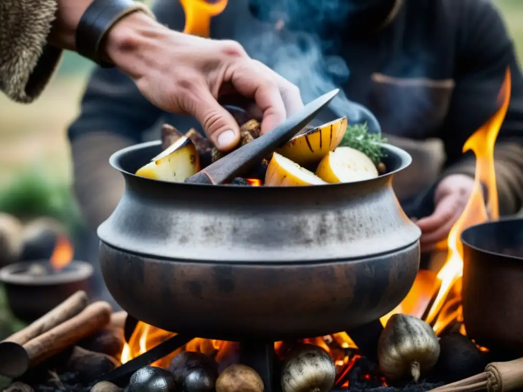 Un guerrero vikingo sostiene una olla de hierro sobre el fuego con recetas vikingas Europa medieval