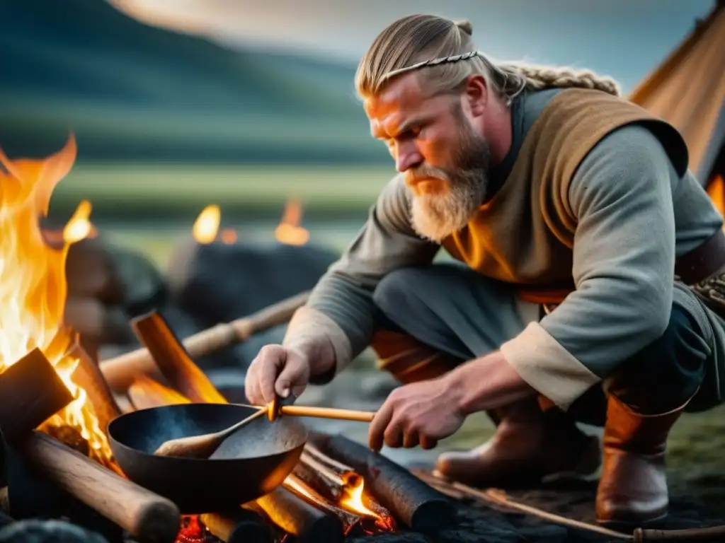 Un guerrero vikingo preparando pescado sobre fuego, destaca la autenticidad histórica y la Dieta proteica vikinga histórica