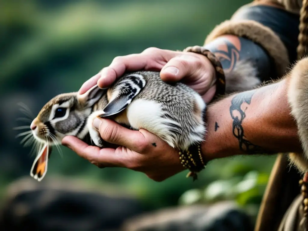 Un guerrero vikingo sostiene con respeto un conejo recién capturado, destacando la caza y recolección en cocina vikinga