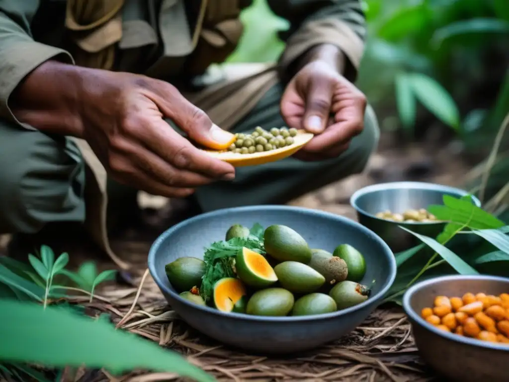 Un guerrillero en la selva preparando raciones con destreza y cuidado