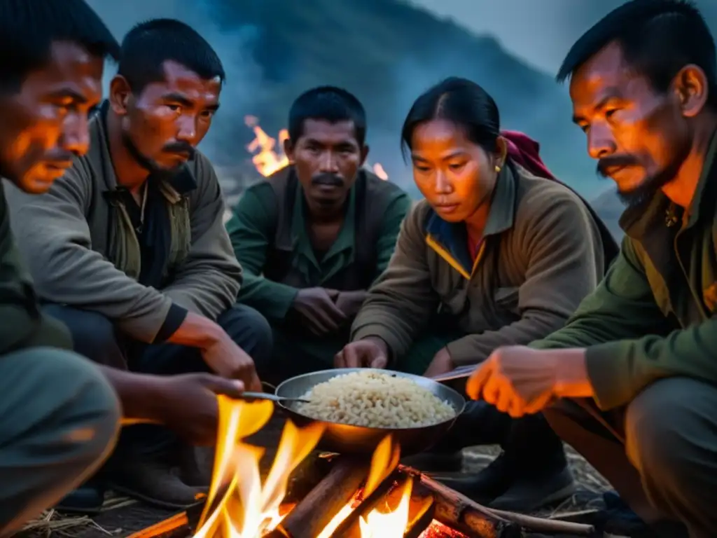 Guerrilleros comparten comida junto al fuego en la noche