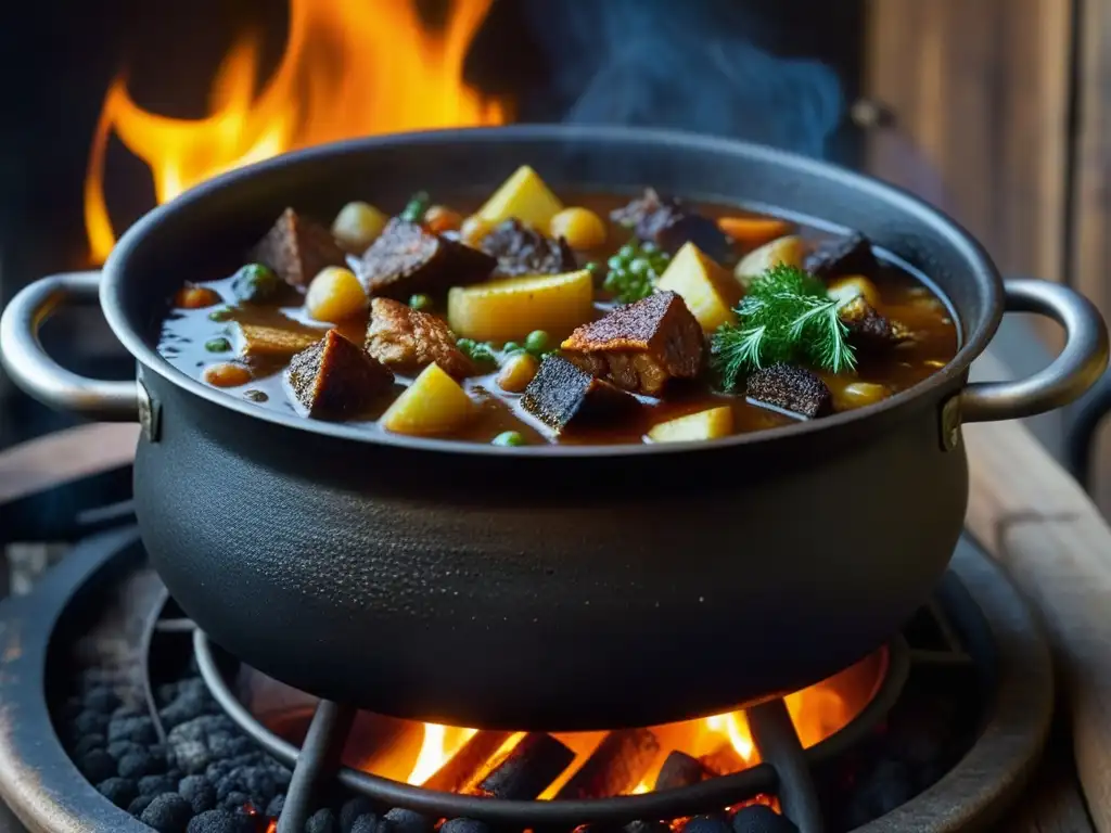 Un guiso burbujeante en olla de hierro sobre fuego, fusionando tradiciones gastronómicas con impacto visual